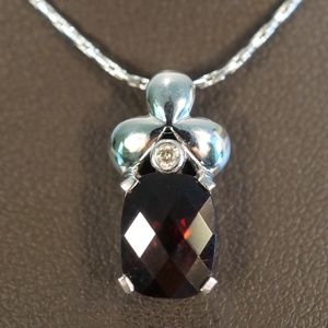 14KW Gold Genuine Garnet & Diamond Pendant W/Chain